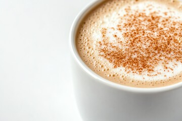 Obraz premium A close-up of a white cup filled with frothy cappuccino, topped with a dusting of cinnamon, on a clean white background.