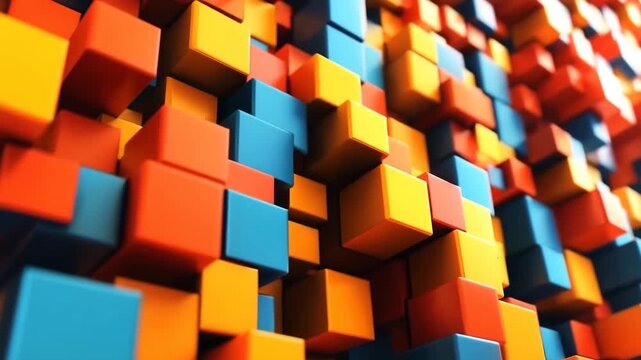 Vibrant Abstract 3D Cubes in Blue, Orange and Yellow Colors Creating a Dynamic and Colorful Background for Modern Designs and Creative Projects