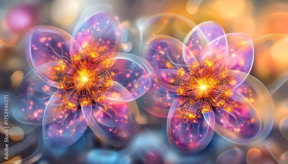 Wall mural abstract luminous blooms creation on dark field reflecting an explosion of lights and particles