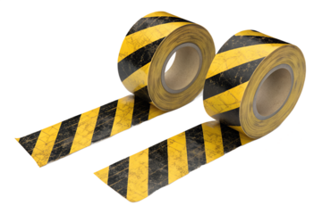 Two strips of wrinkled yellow and black striped caution tape for restricted areas, isolated on transparent background. Warning barrier tape for danger zones, police line or safety signage. PNG.