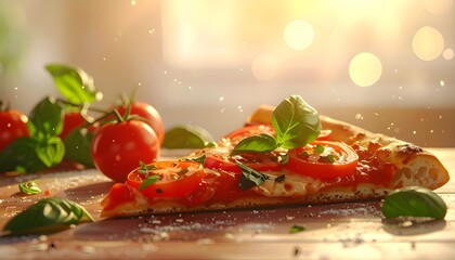 Sliced pizza with tomatoes and basil.
