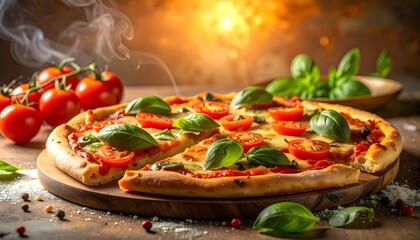 Margherita pizza with tomatoes and basil.
