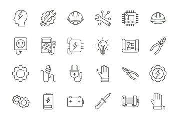 Electricity and engineering line icon set. Power, energy, and electronics symbols. Includes tools for repair and maintenance, technician equipment, and technology concepts vector.
