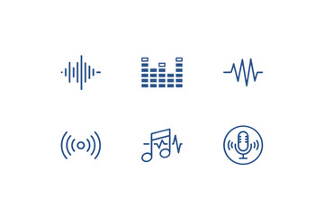 Sound wave and music icon set. Audio waveform, equalizer, microphone, and voice recording symbols. Vector graphic for podcast, radio, studio, and player interface design.