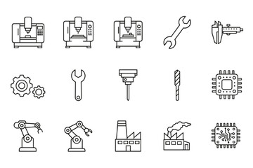 CNC machine and industrial automation line icon set. Symbols for manufacturing, factory production, robotic arm, engineering tools, wrench, caliper, gears, and microchip.