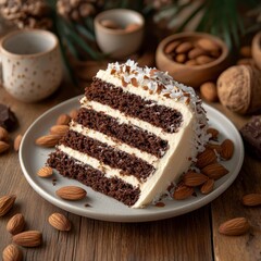 Decadent Almond Joy Cake Slice with Rich Chocolate, Creamy Frosting, and Shredded Coconut Topping