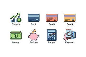 Finance concept icons with debit card, credit card, money cash, piggy bank savings, budget calculator, mobile payment digital transaction vector set