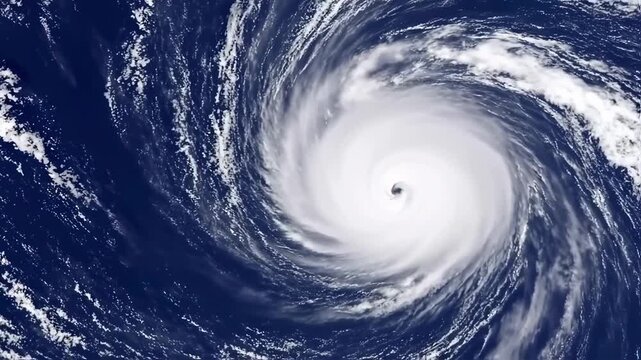 Aerial view of a powerful tropical cyclone from above, displaying a central eye and swirling cloud bands