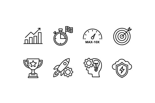 Business success and performance line icon set. Growth chart, goal target, startup rocket launch, trophy, and innovation symbols. Vector icons for strategy and achievement.
