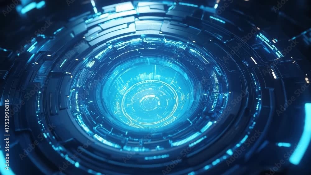 Wall mural futuristic technology interface with glowing blue elements and circular design for modern digital ap