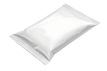 White blank snack bag mockup for chips, crisps or food packaging, isolated on transparent background. Empty foil pouch template for branding, logo placement or product design. PNG.