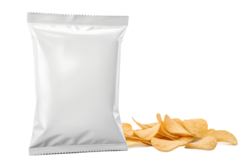 White blank snack bag mockup for chips, crisps or food packaging, isolated on transparent background. Empty foil pouch template for branding, logo placement or product design. PNG.