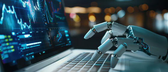 Close-up of a robotic hand typing on a laptop displaying digital financial charts. Concept of AI in data analysis, trading, automation, and modern business technology.