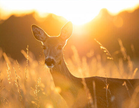 Deer grazing at sunset open field wildlife photography warm glow close-up perspective serene nature experience
