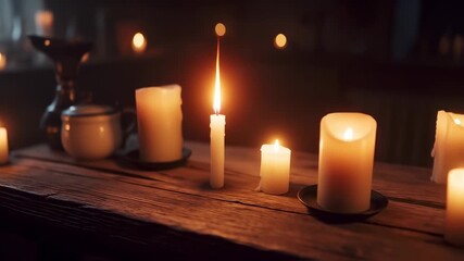 Warm candlelight illuminates a rustic wooden table, showcasing various lit candles creating an atmospheric, cozy scene - Powered by Adobe