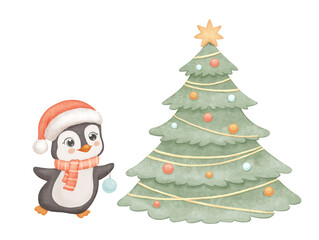 Cute penguin decorates the Christmas tree, Funny penguin. Childish watercolor festive hand drawn isolated illustration