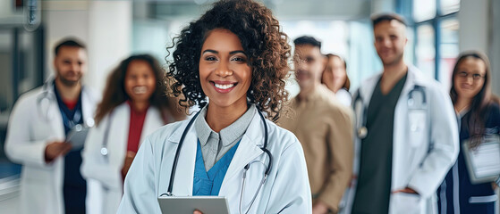 Confident young female doctor holding a digital tablet with a stethoscope on her shoulders, standing in front of a diverse group of smiling medical professionals in a modern hospital hallway.