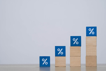 Rising stacked blocks with percentage symbols illustrating interest rate growth, financial trends, performance metrics, or increasing ROI. Great for finance, banking, investment, or economic content.
