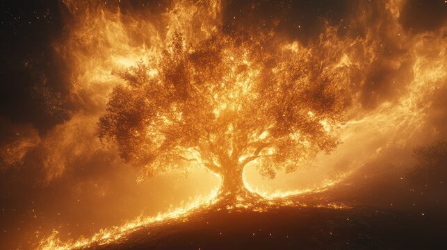 Burning Tree, Night Landscape, Dramatic Flames, Stock Photo
