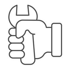 Wrench in hand thin line icon, mechanic concept. Vector graphics. Mechanician hand sign on white background, outline style icon for mobile or web design.