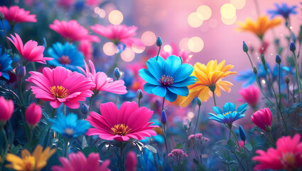 Fototapeta premium Surreal cinematic photo of colorful flowers, intricate patterns, photorealistic style, bright pink, blue, yellow, soft bokeh, shallow depth, dreamlike, vibrant, delicate light. generative AI