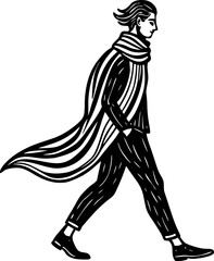 Black and white line art of a person walking with a flowing scarf vector