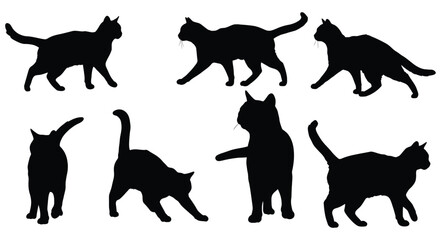 Black silhouettes of cats in various poses and positions illustrated