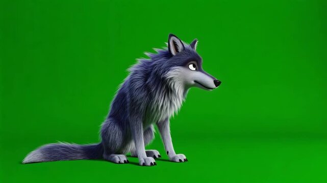 Cartoon wolf sitting in profile against a green background  