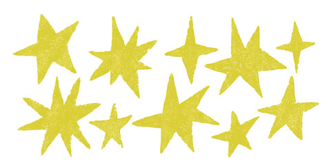 Set of yellow hand drawn stars with crayon texture. Vector shapes for collage