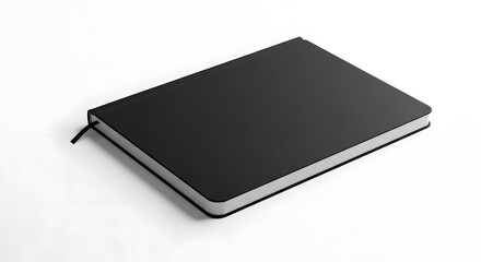Minimalist black notebook with ribbon bookmark on white background
