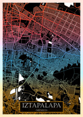 Iztapalapa de Cuitláhuac Mexico City Map. Downtown printable Landmarks, print city painting, travel art banner, modern urban art, background abstract city