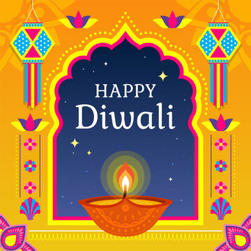 Happy Diwali greeting card Vector illustration. Diya lamp placed by the window