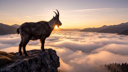 Majestic wild goat stands on mountain peak above sea of clouds at sunrise. Freedom and ambition in wildlife nature footage.