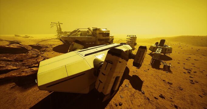 A futuristic base and rovers are positioned on the Martian surface, surrounded by a hazy yellow atmosphere. Dust devils swirl in the background as exploration efforts continue.