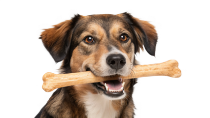 Happy dog holding a bone in its mouth isolated on transparent background