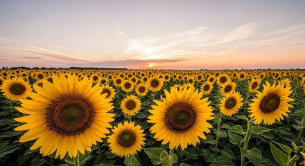 Fototapeta premium Field of sunflowers in full bloom under a beautiful sunset sky landscape