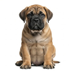 Obraz premium Adorable Bullmastiff Puppy Poses A Charming Studio Portrait of a Young Dog, Showcasing the Bullmastiff Dog Breed's Gentle Nature and Distinctive Appearance on White Background