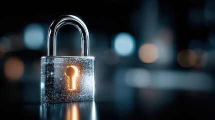 Fototapeta premium Modern Padlock with Glowing Keyhole on Dark Reflective Surface