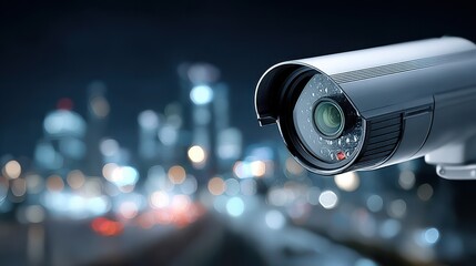 Security Camera Overlooking City at Night, Surveillance and Protection