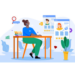 Woman Sitting at Desk Reviewing Candidate Profiles on Computer Screens with Plant and Office Decor in Background