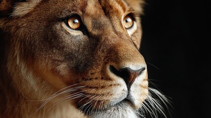 Fototapeta premium Close-up Portrait of a Majestic Lioness Face with Intense Gaze on Black