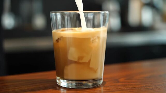 Pouring coffee over ice into a glass on a wooden table. Refreshing cold brew drink preparation with ice cube for summer beverage concept.