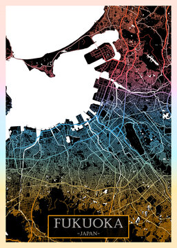 Fukuoka Japan City Map. Downtown printable Landmarks, print city painting, travel art banner, modern urban art, background abstract city