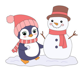 Baby penguin in red hat and scarf with snowman on snow. Cute animal isolated on white background. Childish vector winter illustration for kids
