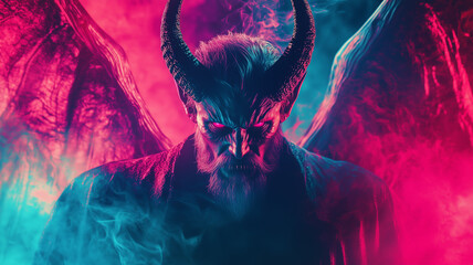 Devil head concept photo. Satan head poster. AI artwork. 