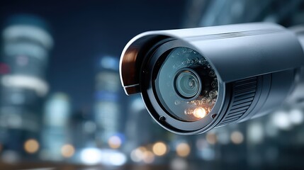 Security Camera Overlooking Cityscape at Night, Surveillance System Concept
