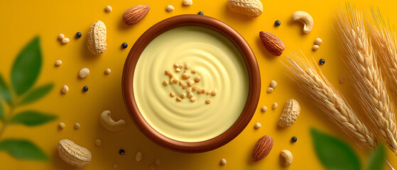 Obraz premium Flat lay of porridge in bowl on yellow background