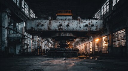 Fototapeta premium Abandoned Industrial Warehouse with Rusty Machinery and Dim Lighting