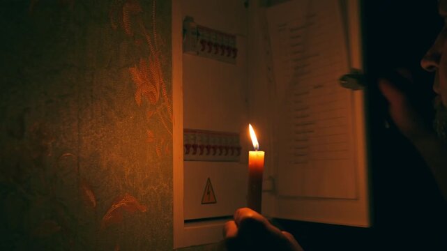 Blackout, No electricity. A man with a candle in the dark checks the electrical panel in the room during a power outage.
