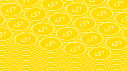 Isometric American dollar coins laid out in neat rows. Backdrop for advertising of banking services. 3D vector background top view at an angle